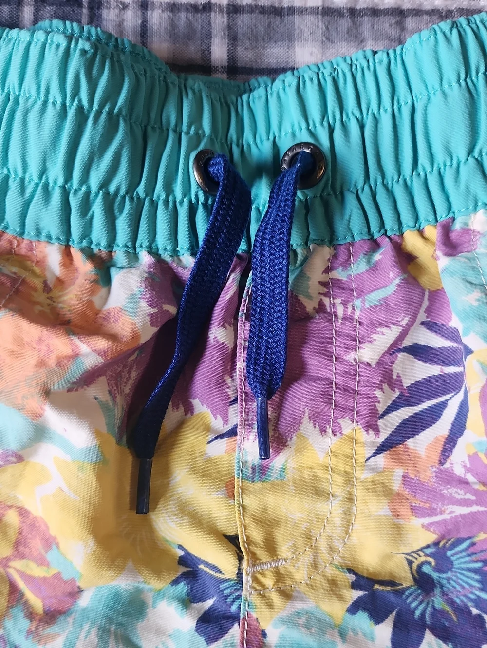 Patagonia Teal Floral Swim Shorts with Yellow & Purple Accents